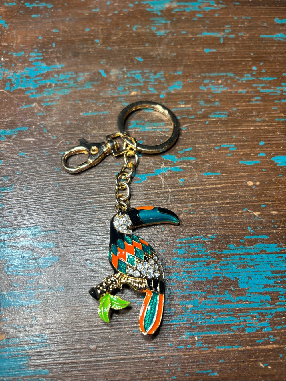 New Gold Toucan Keychain - Colorful Green Orange Black Bird charm Bag Charm